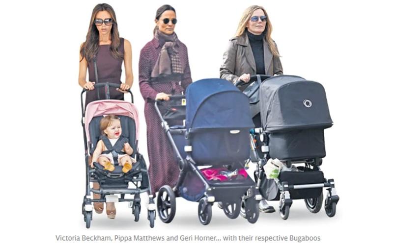 Victoria Beckham, Pippa Matthews and Geri Horner with their respective Bugaboos