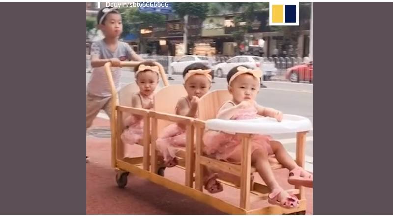 Chinese father triplet stroller design inline