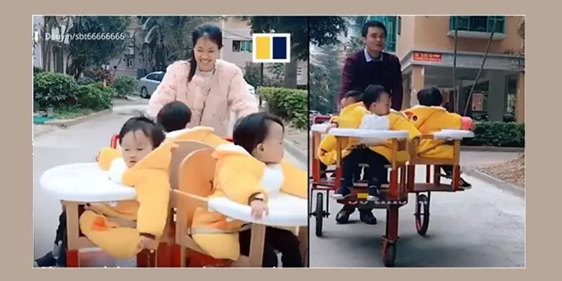 Chinese father triplet stroller design spinning