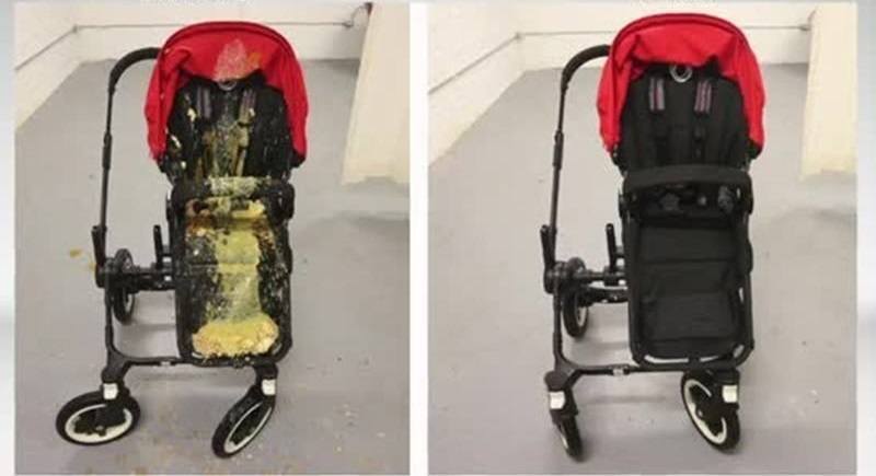 4-wheel stroller cleaning, before and after