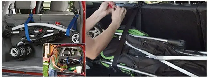 stroller in car tied with straps